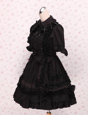 【在庫限り】ゴスロリ ロリータ ワンピース パンク ゴシック ロリィタドレス コスプレ ブラック　コットン　ワンピース　半袖　レースアップ　フリル　リボン　ロリィタワンピース