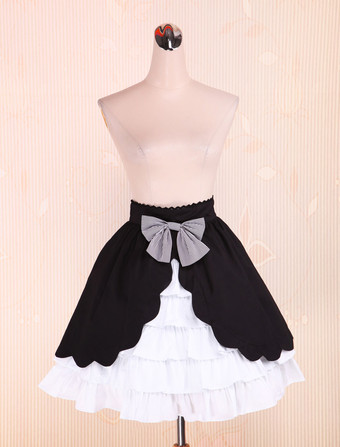 Lolitashow Cotton Black and White Lolita Skirt Multi-layer Sweet Bow
