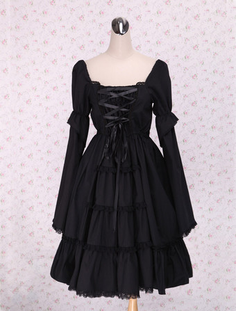 Lolitashow Pure Black Lolita One-piece Dress Long Sleeves Lace Up Shirring