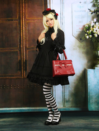Lolitashow Pure Black Cotton Lolita One-piece Dress Long Sleeves Ruffles Trim