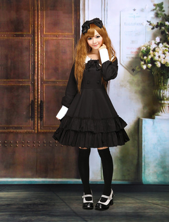 Lolitashow Cotton Black Lolita OP Dress Long Sleeves College School Style Ruffles