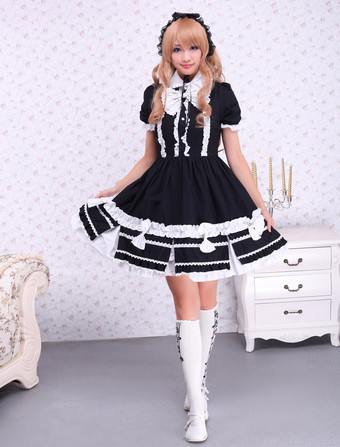 Lolitashow Cotton Black Lolita One-piece Dress White Bows Ruffles Trim