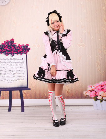 Lolitashow Sweet Pink Lolita OP Dress Black Vest Long Sleeves White Lace Trim