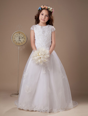 White Short Sleeves Satin Organza Flower Girl Dress