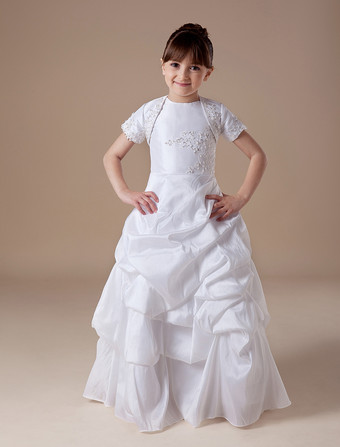 Ruched branco fundo colete tafetá Flower Girl Dress