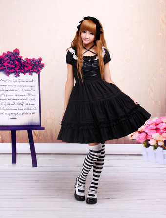 Lolitashow Cotton Black Lace Classic Lolita Dress