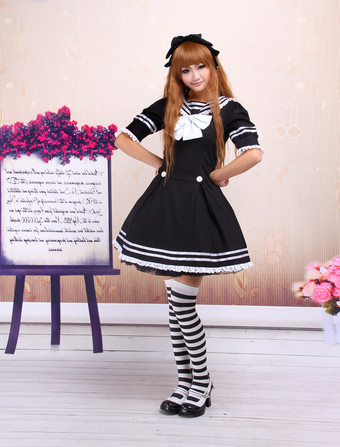 Lolitashow Great Black Sailor Cotton School Lolita Dress
