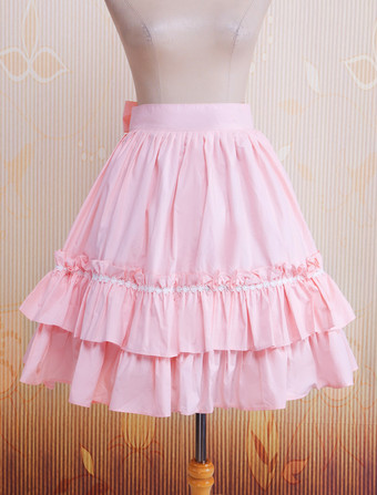 Lolitashow Cotton Pink Ruffles & Bow Lolita Skirt