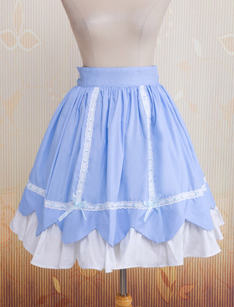 Lolitashow Sky Blue Ruffled Bow Cotton Lolita Skirt
