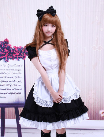 Lolitashow Sweet Black Cotton Maid Lolita One-piece White Apron Short Sleeves Lace Trim