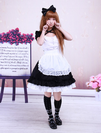 Garniture en dentelle de coton noir doux Maid Lolita monobloc tablier blanc manches courtes Déguisements Halloween