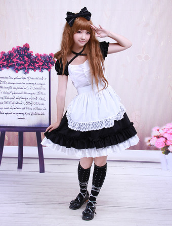 Garniture en dentelle de coton noir doux Maid Lolita monobloc tablier blanc manches courtes Déguisements Halloween