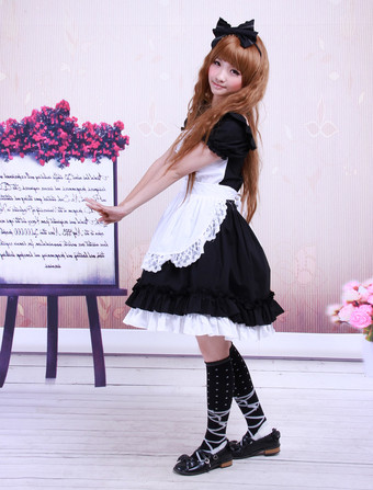 Garniture en dentelle de coton noir doux Maid Lolita monobloc tablier blanc manches courtes Déguisements Halloween