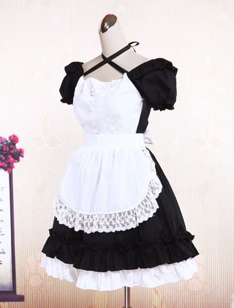 Garniture en dentelle de coton noir doux Maid Lolita monobloc tablier blanc manches courtes Déguisements Halloween