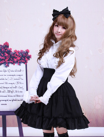 Lolitashow Gothic Lolita Dress SK Black High Waist Ruffles Cotton Lolita Skirt