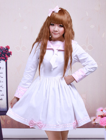 Lolitashow Cotone rosa e bianco Sailor Bow Scuola Lolita Dress Cotone