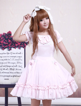 Lolitashow Cotton Pink Lace Short Sleeves Cosplay Lolita Dress