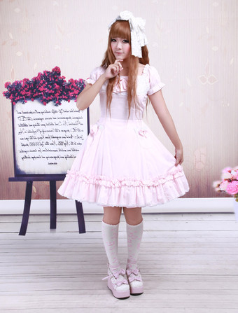 Cotton Pink Lace Short Sleeves Cosplay Lolita Dress