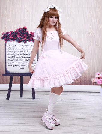 Cotton Pink Lace Short Sleeves Cosplay Lolita Dress
