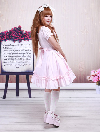 Cotton Pink Lace Short Sleeves Cosplay Lolita Dress