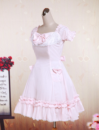 Cotton Pink Lace Short Sleeves Cosplay Lolita Dress