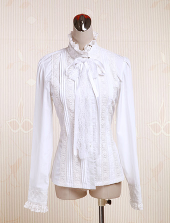 Lolitashow White Cotton Lolita Blouse Long Sleeves Stand Collar Lace Trim Lace Up