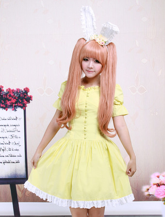 Lolitashow Yellow Cotton Lace Square Neck Short Sleeves Lolita One-Piece