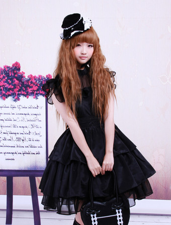 Lolitashow Rayon Yarn Black Lolita OP Dress with Ruffles Waist Belt