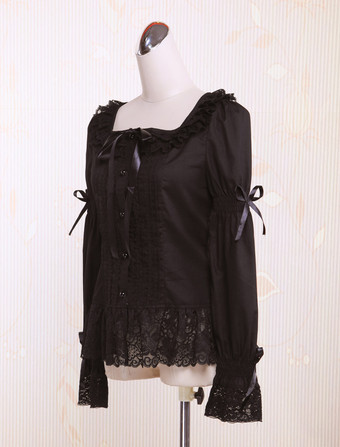 ロリータブラウス，ブラック　姫袖　スクエアネック　ロングスリーブ　コットン　