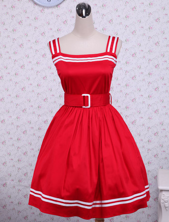 Lolitashow Cotton Red Sash Sleeveless School Lolita Dress
