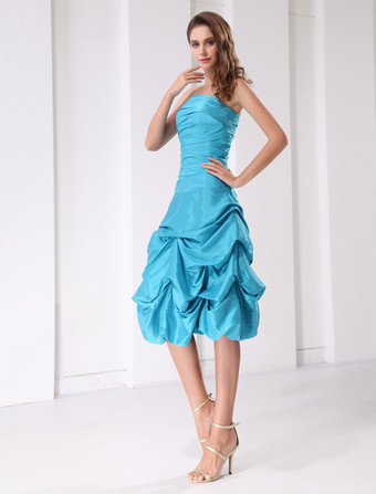 ショートプロムドレス　アクアグリーン　ストラップレス　ルーシュ　ボールガウン　膝丈　タフタ　パーティードレス　