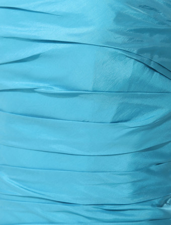 ショートプロムドレス　アクアグリーン　ストラップレス　ルーシュ　ボールガウン　膝丈　タフタ　パーティードレス　