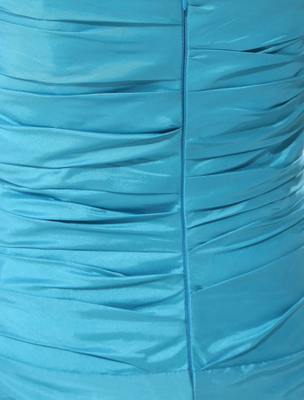 ショートプロムドレス　アクアグリーン　ストラップレス　ルーシュ　ボールガウン　膝丈　タフタ　パーティードレス　