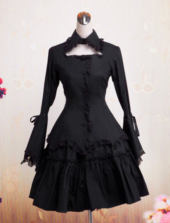 Lolitashow Gothic Lolita Dress OP Black Long Hime Sleeves Ruffles Lace Trim Cotton Lolita One Piece Dress