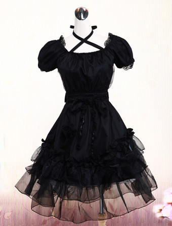 Lolitashow Pure Black Lolita One-piece Dress Short Sleeves Lace Trim Neck Straps