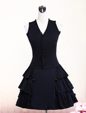 Gorgeous Black Cotton Lolita Vest And Skirt Outfits Ruffles Lace Trim