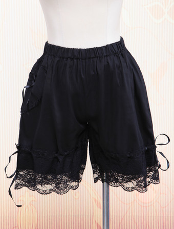 Lolitashow Negro Algodón Lolita Pantalones Bombachos Encaje Trim Cintas