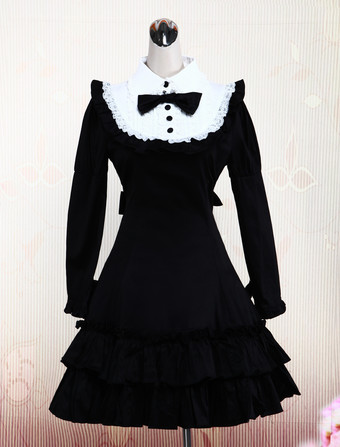 Lolitashow Vestito da Lolita nero classico tradizionale in cotone con maniche lunghe e pieghettature  