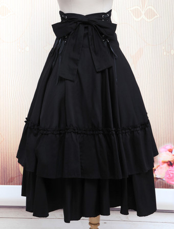 Lolitashow Gothic Lolita Dress SK Black Lace Up Ruffle Tiered Cotton Lolita Skirt