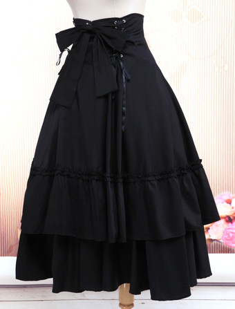 ゴシックロリータワンピースSK　ブラック　レースアップ　フリル　蝶タイ　レット　コットンロリータスカート　アイドル衣装