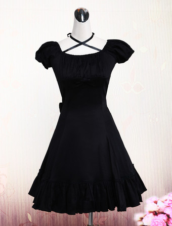 Lolitashow Cotton Black Ruffles Classic Lolita Dress