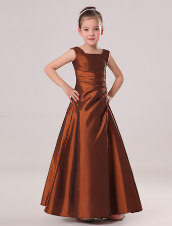 Vestido de Júnior da dama de honra Requintado Chocolate marrom tafetá Praça colar piso comprimento 