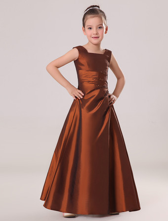 結婚式 子供ドレス フラワーガール 子供用フォーマルドレス スクエアネック ウェディングパーティードレス タフタ リトルガール ドレス ノースリーブ エンバーレッド Aライン 発表会 キッズ フォーマル ウェディング マキシ丈