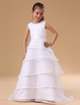 Vestido Da Menina De Flor 2024 Branco A Line Vestido De Concurso De Crianças Organza Ruffles Em Camadas Sash Até O Chão Primeiro Vestido De Comunhão