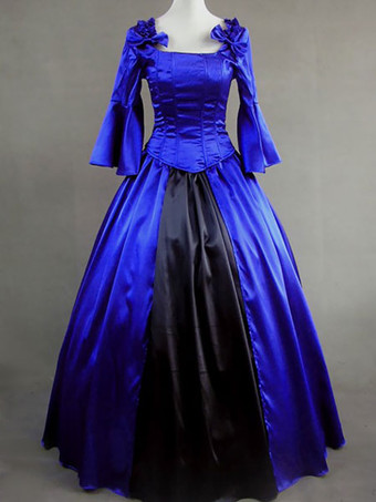 中世 ドレス プラスサイズ 女性用 プリンセス 貴族ドレス ブルー 長袖 ヴィクトリア風 祝日 レトロ ヨーロッパ 宮廷風 中世 ドレス・貴族ドレス