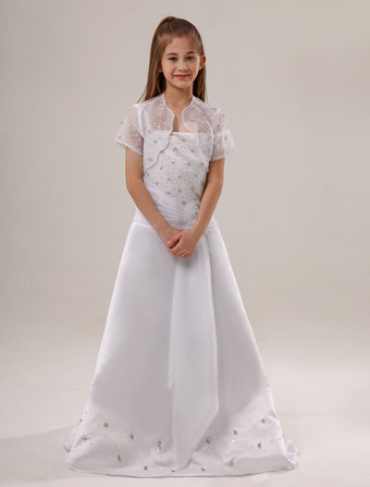 Blumenmädchen Kleider Weiß Abendkleider für Hochzeit Satingewebe Kurzarm A-Linie- Hochzeit bodenlang kleid blumenmädchen mit Reißverschluss