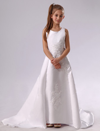 Branca flor menina vestido vestido de cetim Zipper Applique
