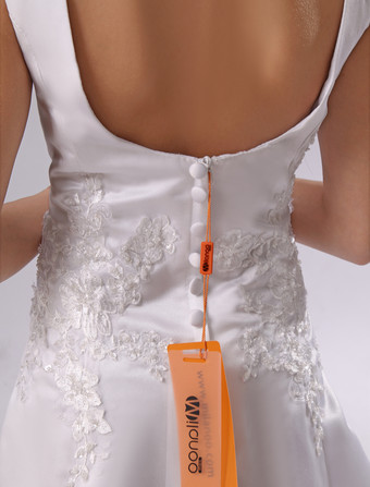 Robe de cortège enfant blanc en satin col rond avec applique 