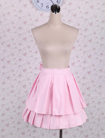 Lolitashow Cotton Pink Bow Pleated Lolita Skirt