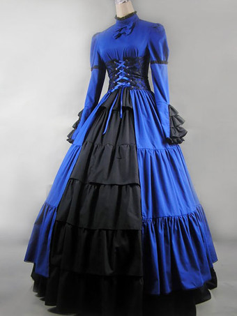 Prom Dress Victorian Dress Costume Blue Satin Ruffle Long Sleeves High Collar For Women's Victorian era clothing corest Retro outfits Halloween